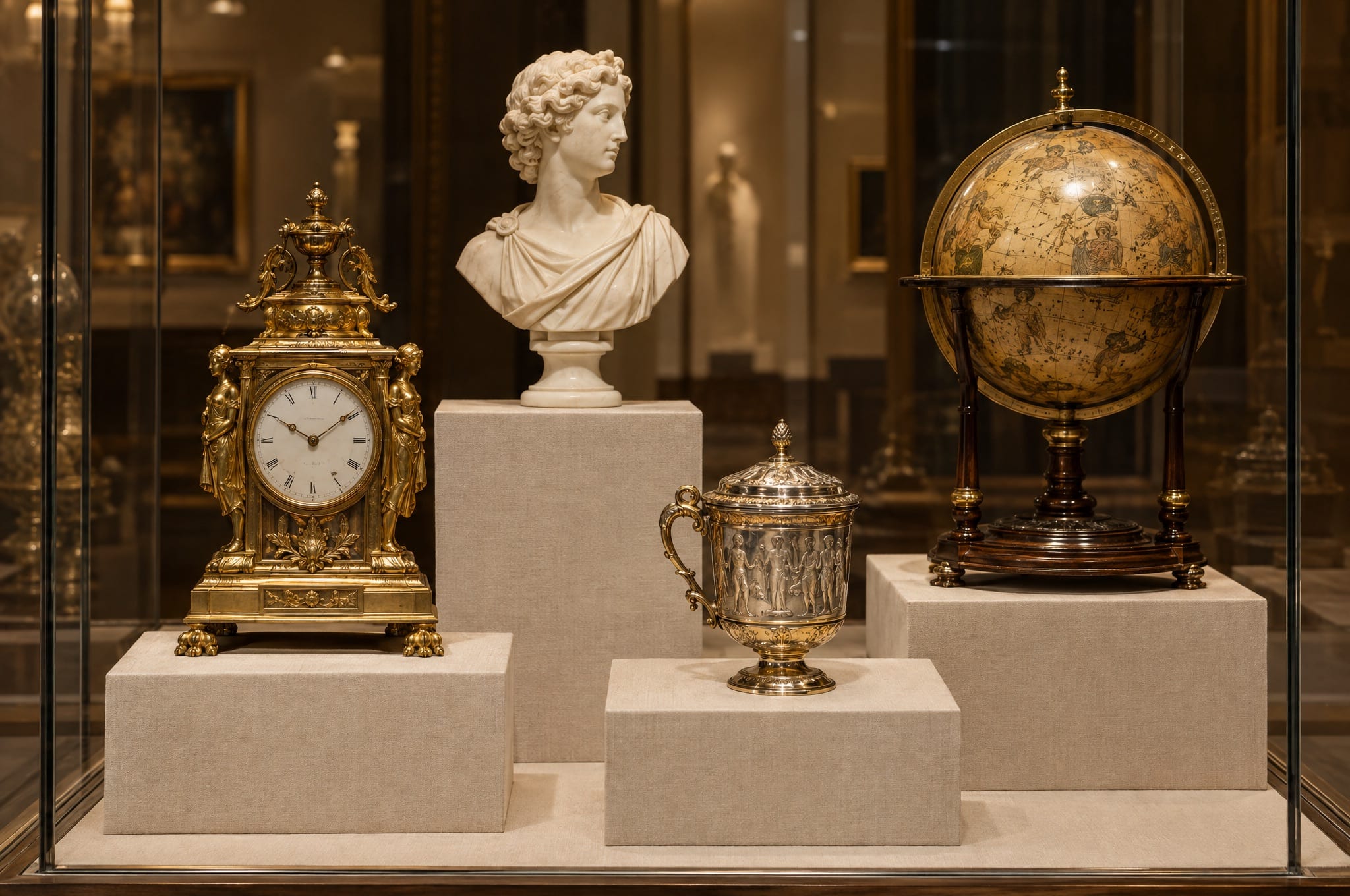 Vitrine mit vergoldeter Kaminuhr, Marmorbüste, Pokal und Himmelsglobus