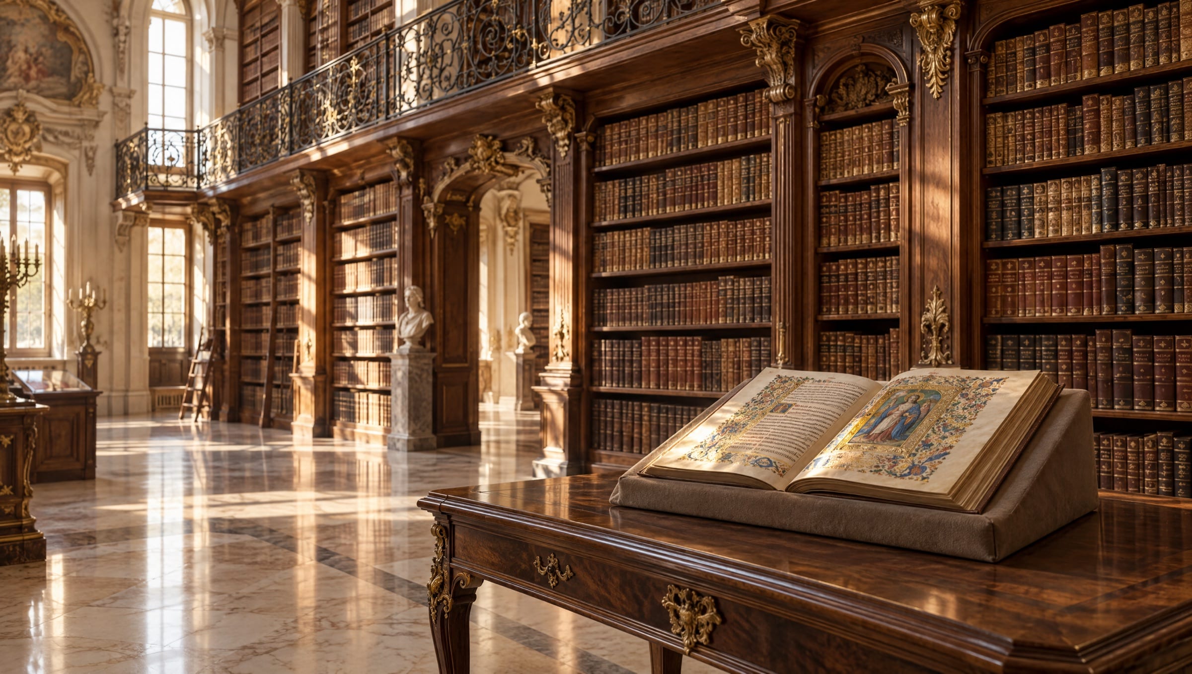 Barocker Bibliothekssaal im warmen Nachmittagslicht, im Vordergrund ein aufgeschlagenes Faksimile auf einem Lesepult