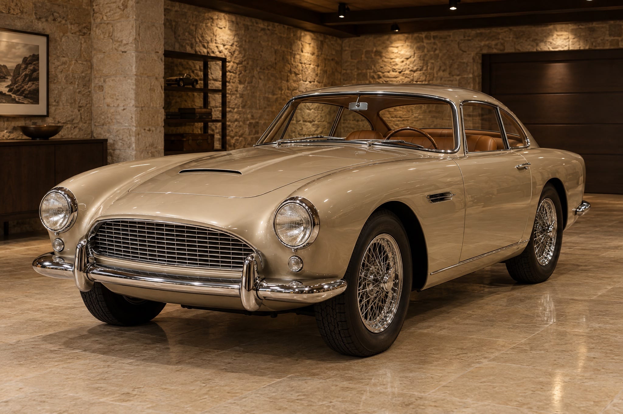 Klassisches Coupé der 1950er Jahre in Champagnerfarbe in einer Sammlergarage aus Naturstein