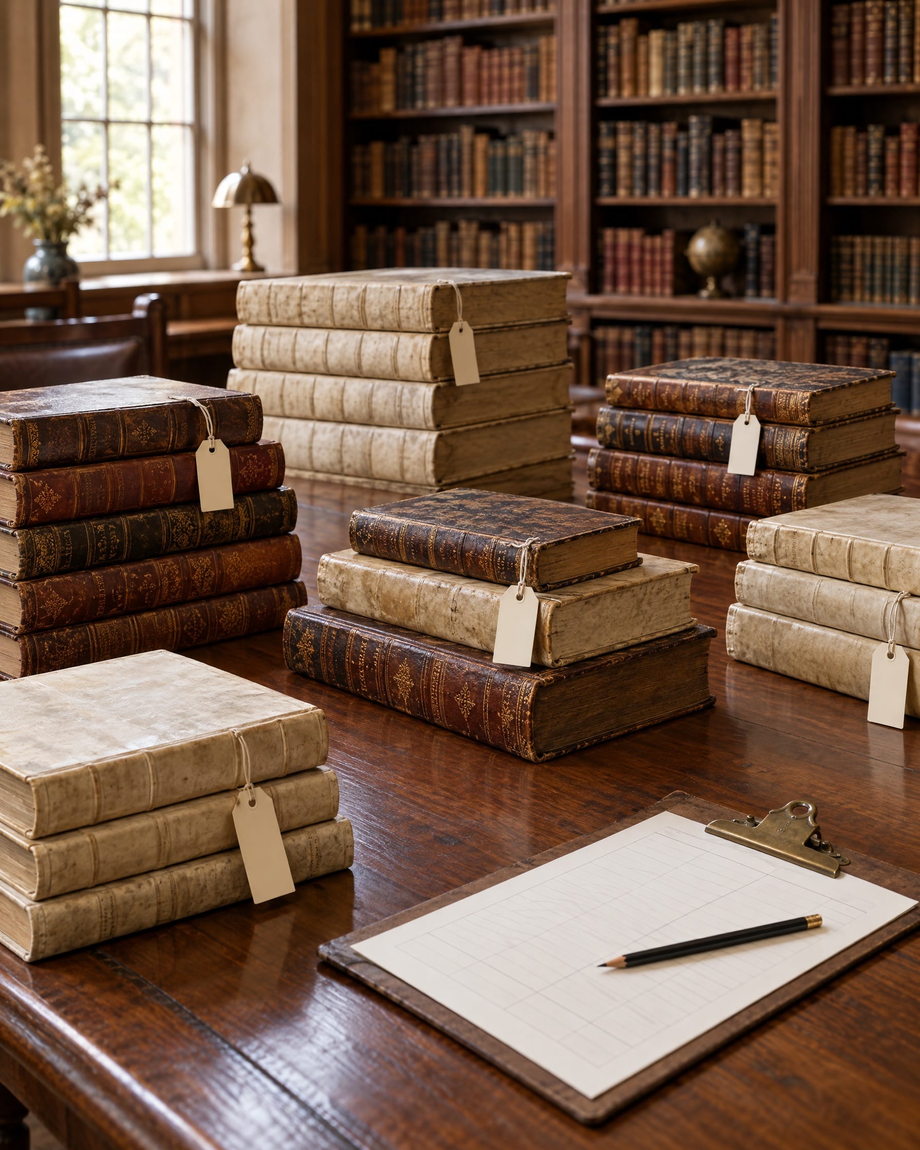 Stapel historischer Bücher mit Inventaranhängern auf einem Bibliothekstisch